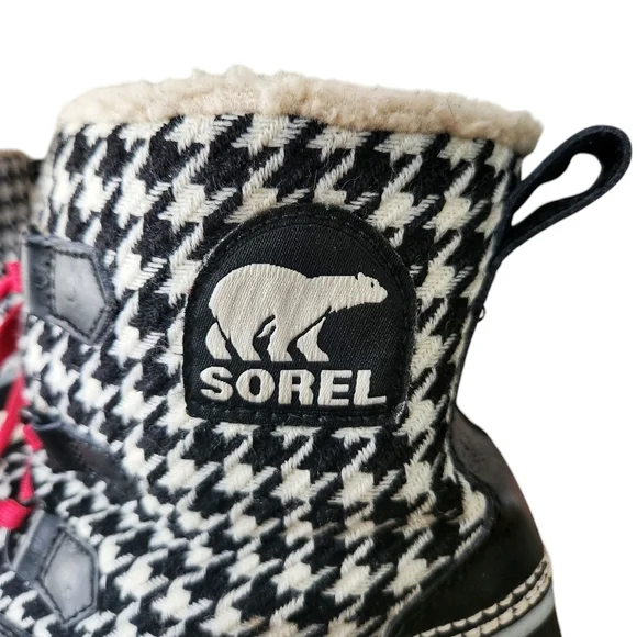 Sorel Tivoli Boots Women US 9 Black Cream Houndstooth Winter Lace-Up Waterproof - Picture 3 of 12
